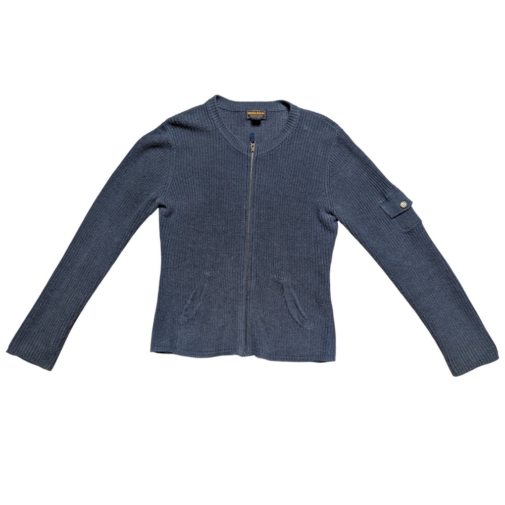 Vintage Woolrich Women's Medium Blue Wool Cotton Full Zip Knit Cardigan